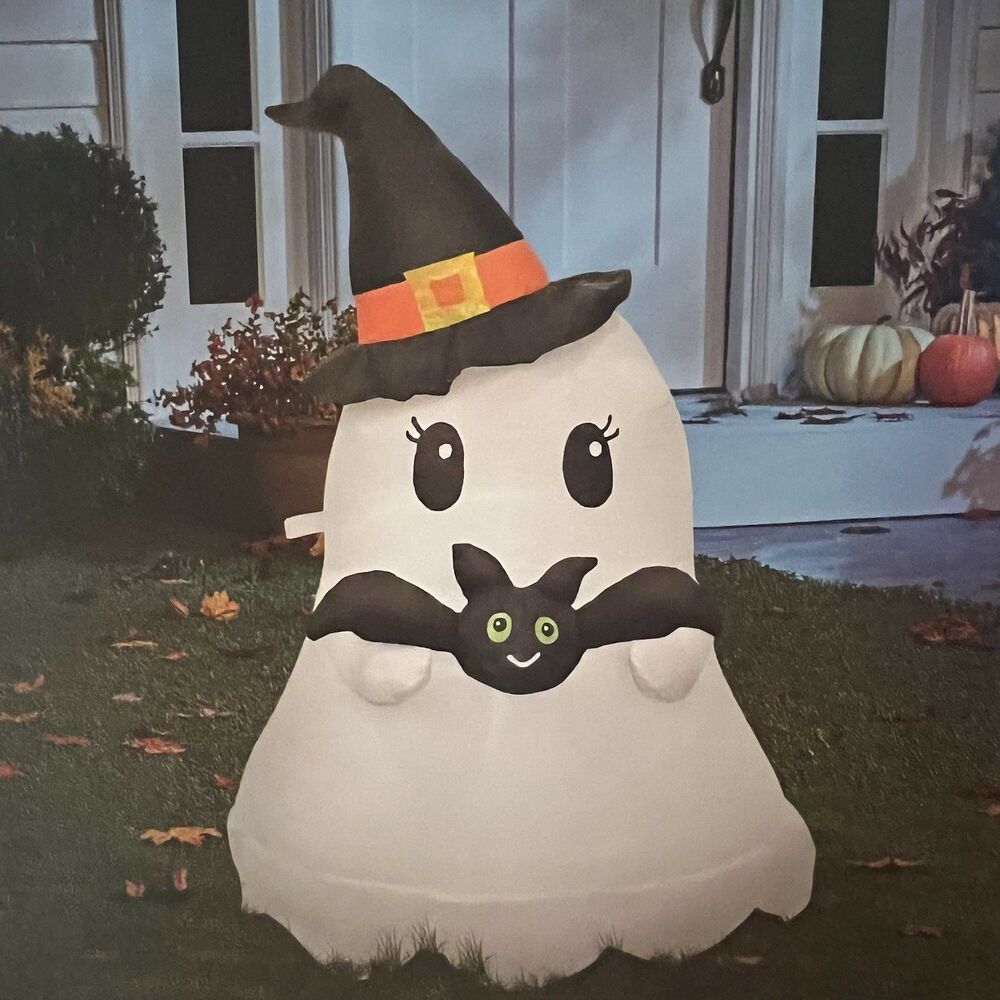 3.5’ LED Halloween Inflatable Cute Ghost Holding Bat with Witch Hat